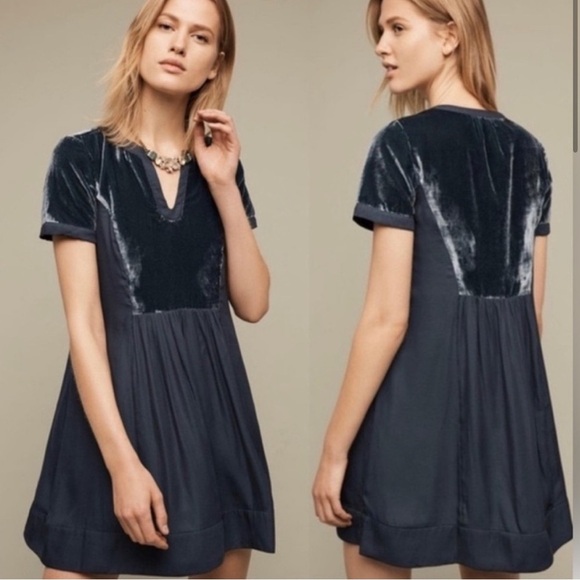 Maeve Anthropologie Ingrid Velvet Tunic Dress Navy mini XS - Picture 1 of 7